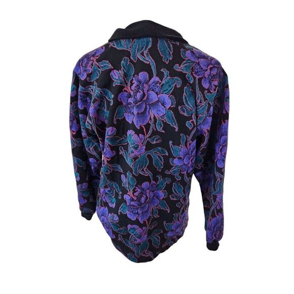 Vintage 80s Graff Purple Black Floral Long Sleeve M Lightweight Sweater Blouse - Picture 4 of 5
